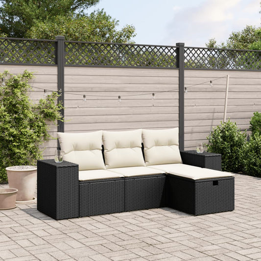 4-delige Loungeset met kussens poly rattan zwart