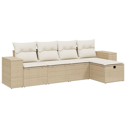 5-delige Loungeset met kussens poly rattan beige