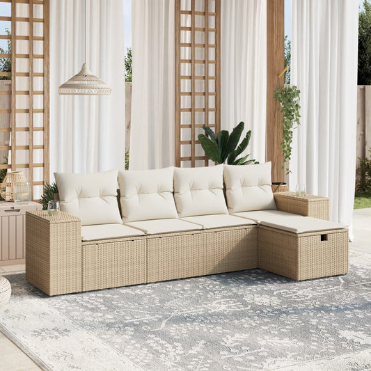 5-delige Loungeset met kussens poly rattan beige