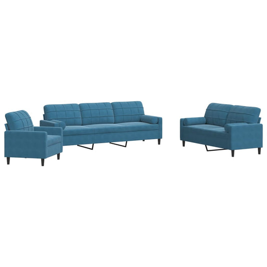 3-delige Loungeset met kussens en bolsters fluweel blauw