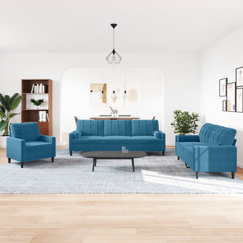 3-delige Loungeset met kussens en bolsters fluweel blauw