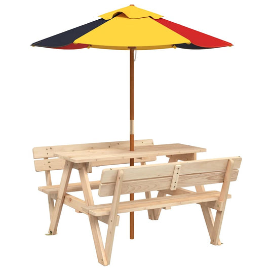 Picknicktafel voor 4 kinderen met parasol massief vurenhout