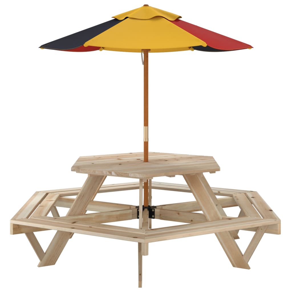 Picknicktafel voor 4 kinderen met parasol zeshoekig vurenhout