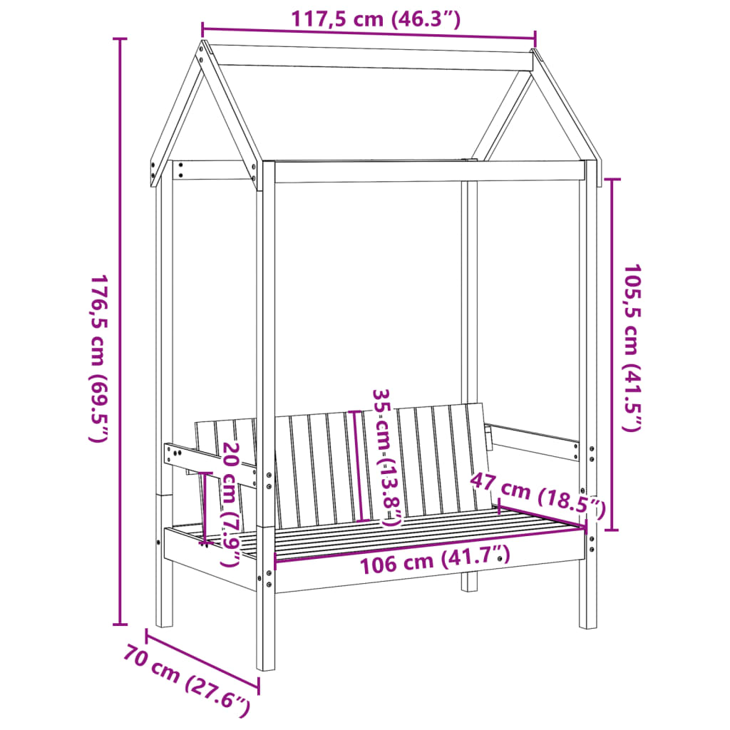 Bank met dak 117,5x70x176,5 cm massief grenenhout