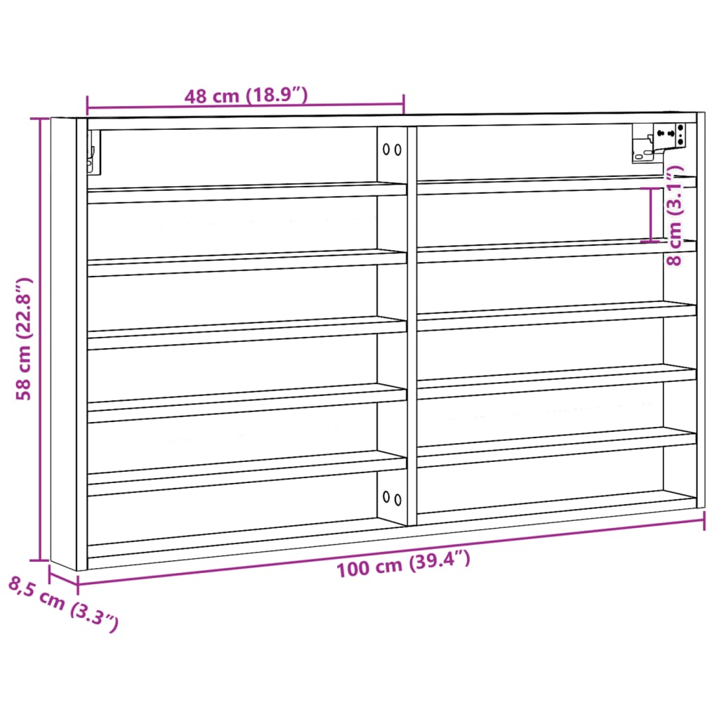 Vitrinekast 100x8,5x58 cm bewerkt hout grijs sonoma eikenkleur