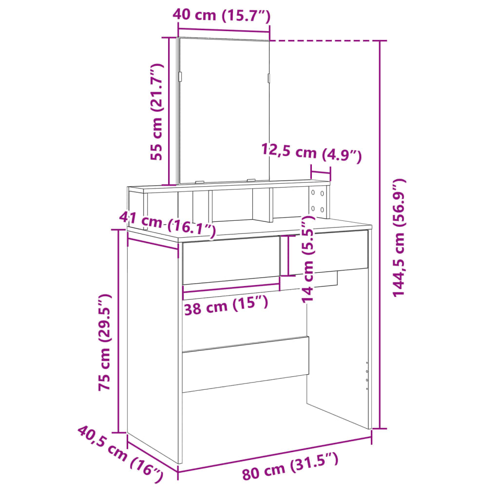 Kaptafel met spiegel 80x41x144,5 cm grijs sonoma