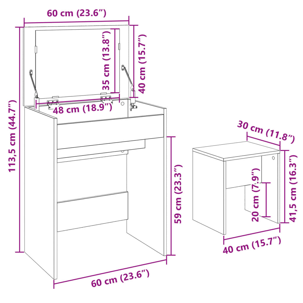 Kaptafel met krukje 60x40x113,5 cm grijs sonoma