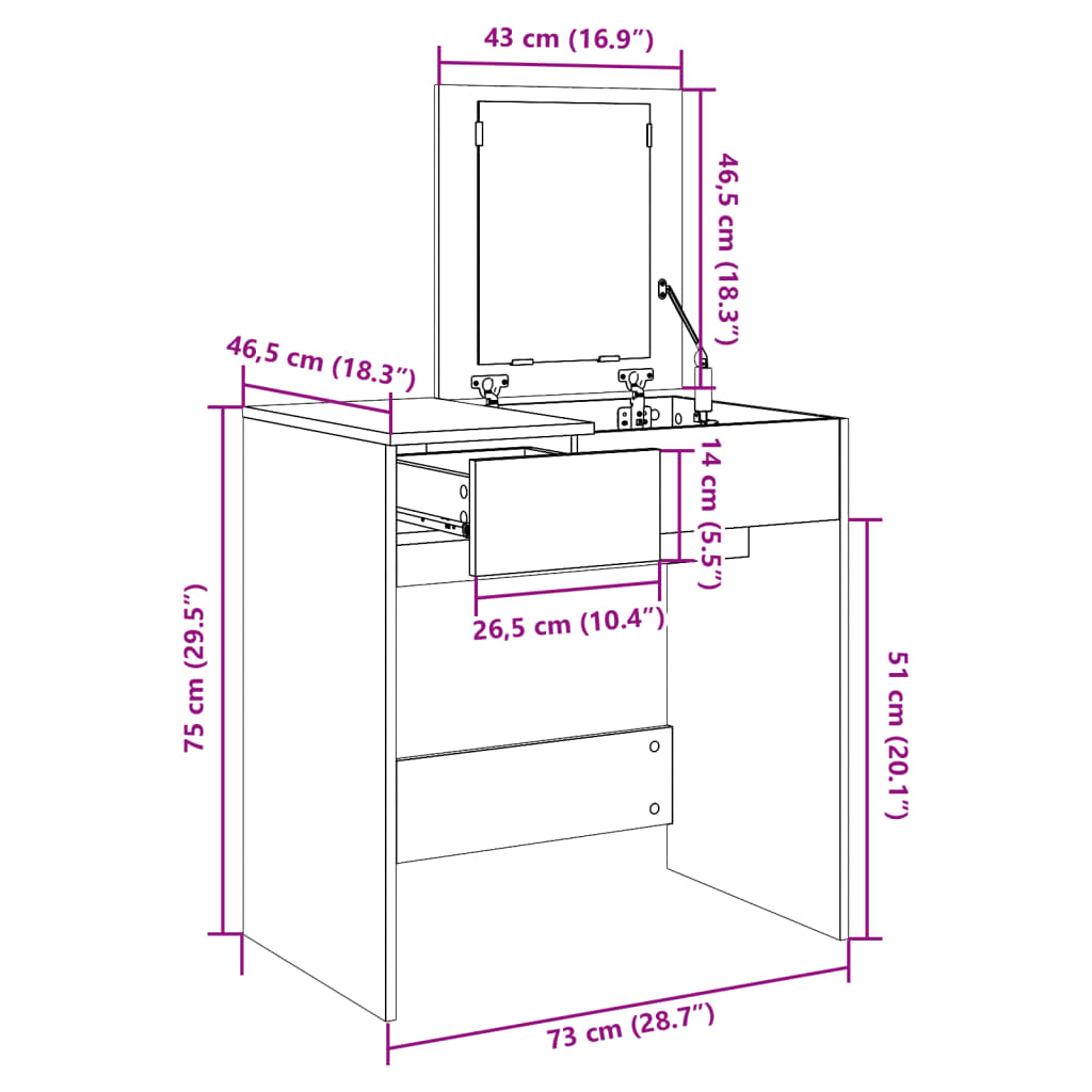 Kaptafel met spiegel 73x46,5x120 cm gerookt eikenkleurig