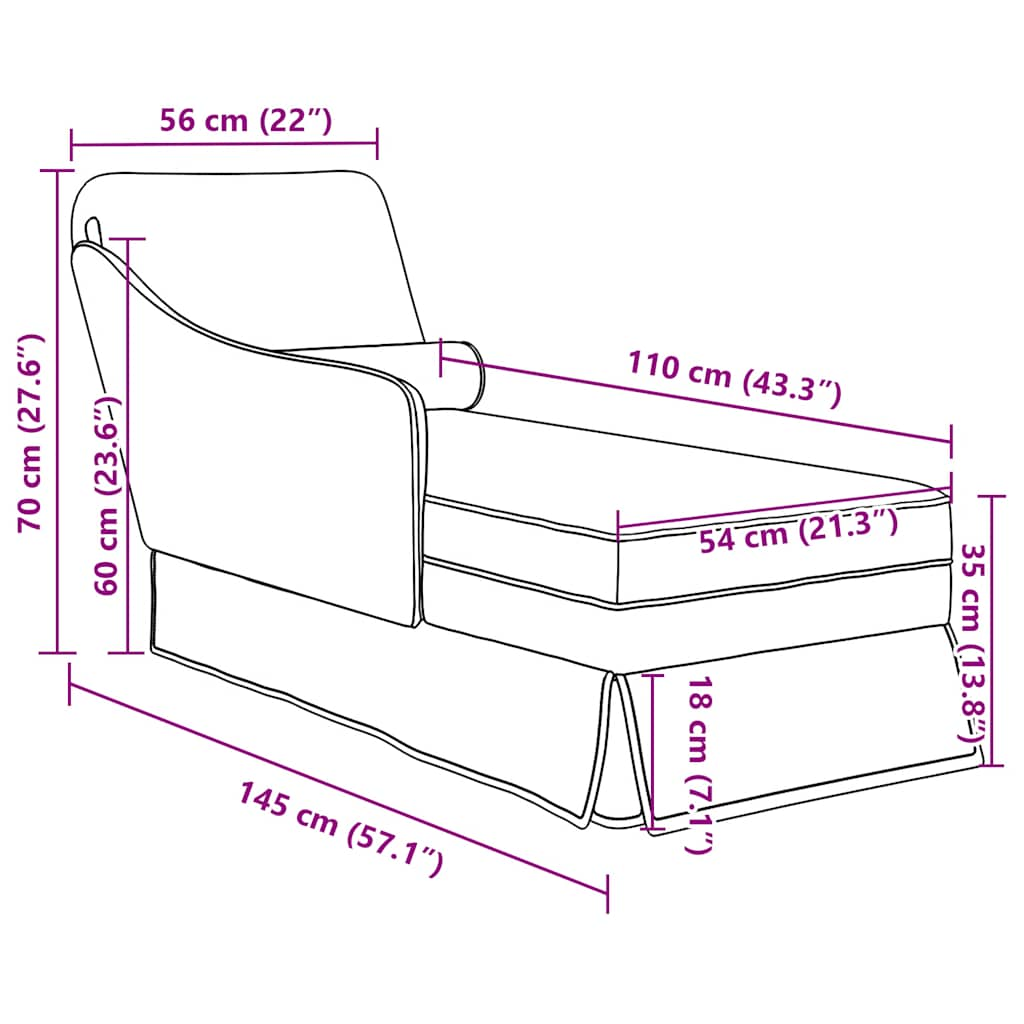 Chaise longue met bolster en rechterarmleuning fluweel geel