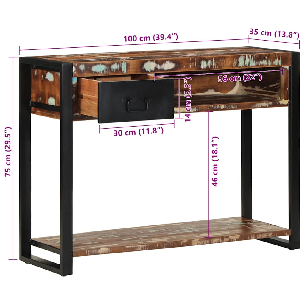 Wandtafel 100x35x75 cm massief gerecycled hout meerkleurig