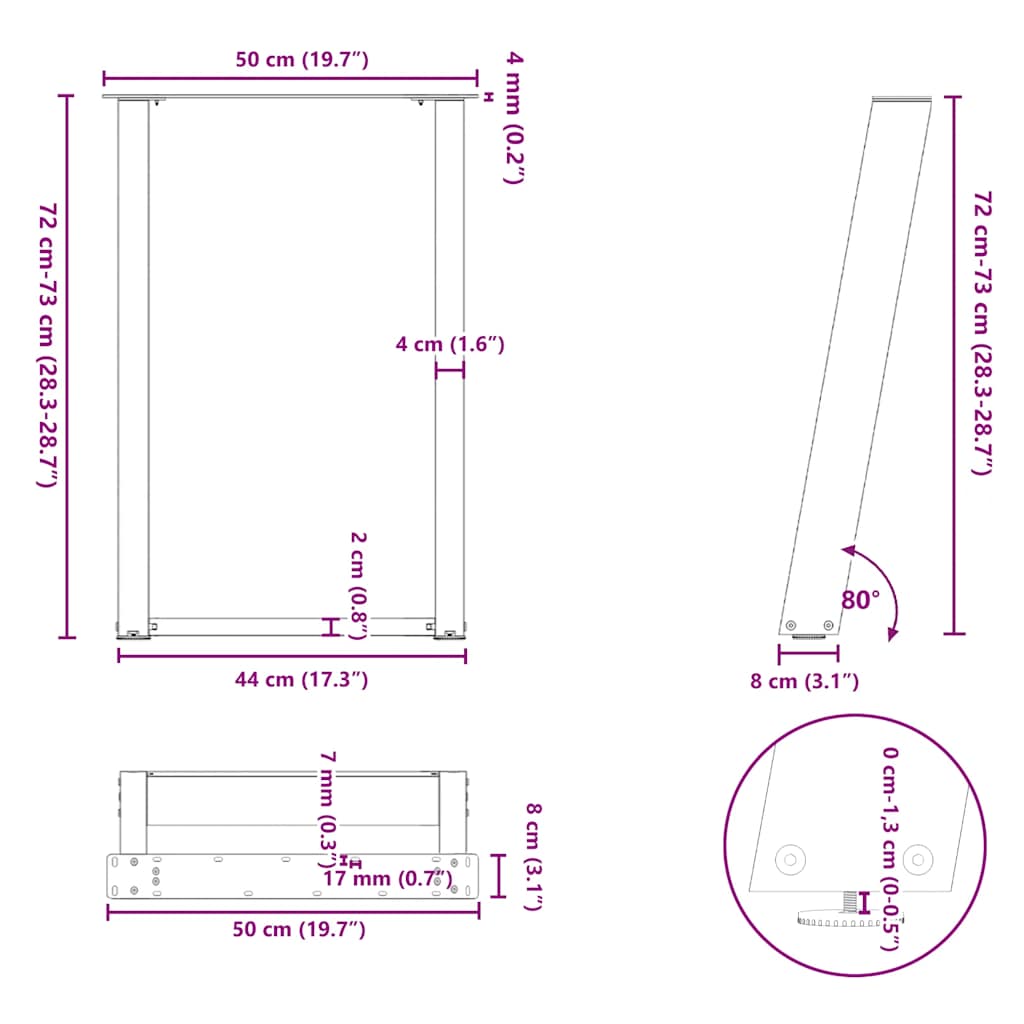 Eettafelpoten 2 st U-vormig 50x(72-73) cm staal zwart