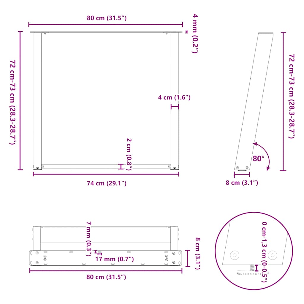 Eettafelpoten 2 st U-vormig 80x(72-73) cm staal zwart