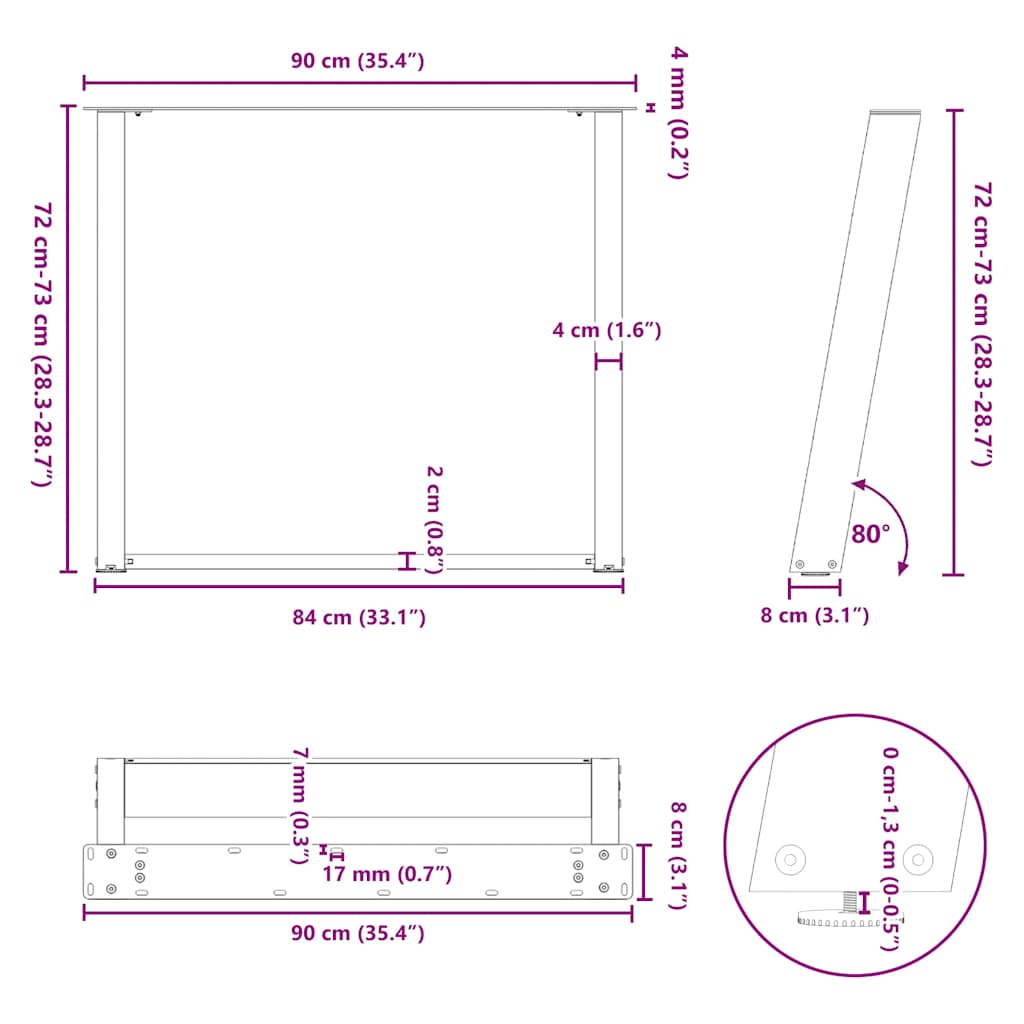 Eettafelpoten 2 st U-vormig 90x(72-73) cm staal zwart