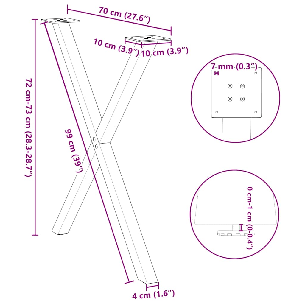 Eettafelpoten 2 st X-vormig 70x(72-73) cm staal zwart