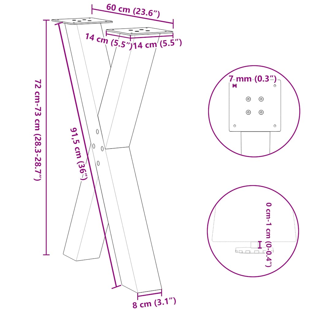 Eettafelpoten 2 st X-vormig 60x(72-73) cm staal zwart