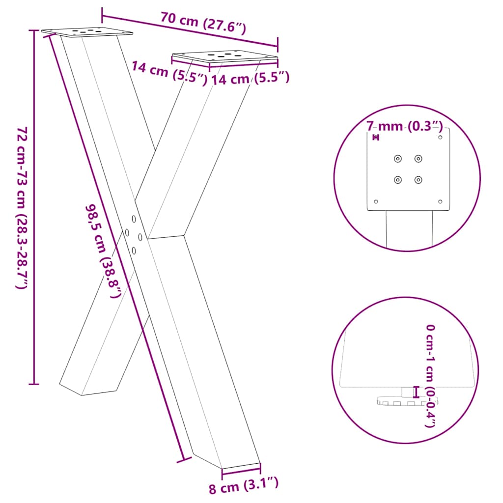 Eettafelpoten 3 st X-vormig 70x(72-73) cm staal antraciet