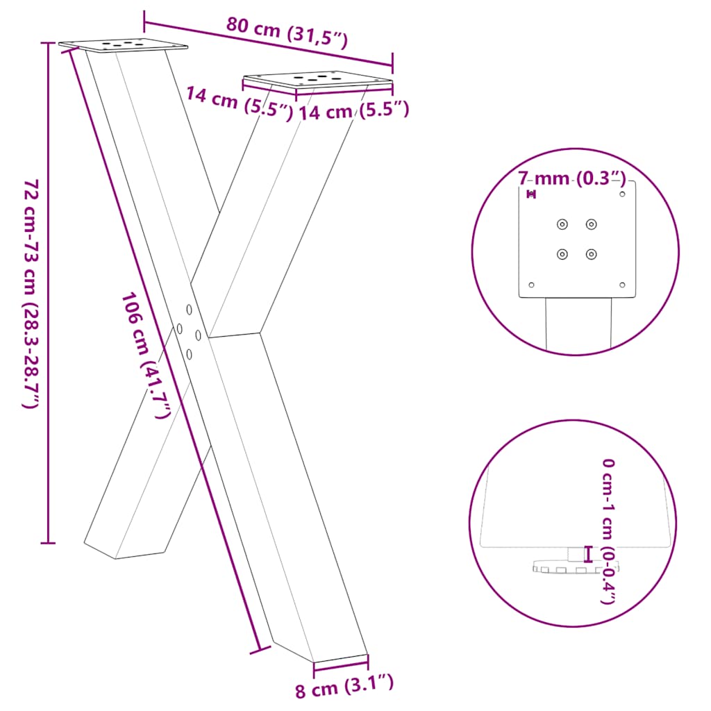 Eettafelpoten 3 st X-vormig 80x(72-73) cm staal zwart