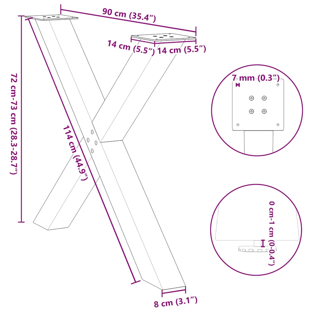 Eettafelpoten 3 st X-vormig 90x(72-73) cm staal zwart