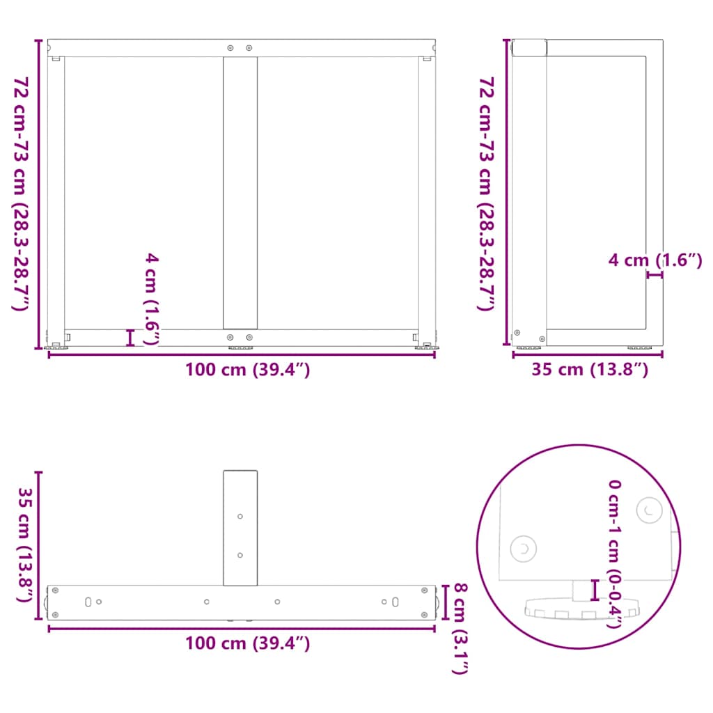 Eettafelpoten 2 st T-vormig 100x35x(72-73) cm staal zwart