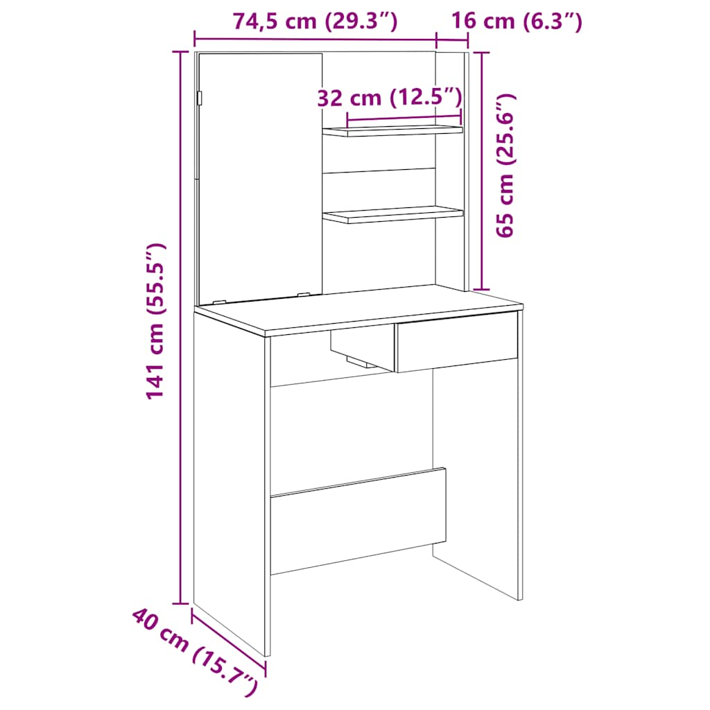 Kaptafel met spiegel 74,5x40x141 cm oud houtkleurig