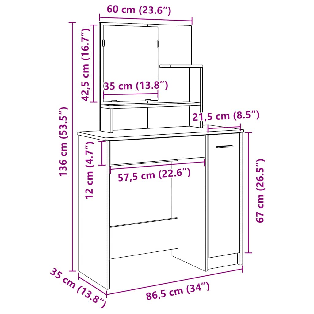 Kaptafel met spiegel 86,5x35x136 cm oud houtkleurig