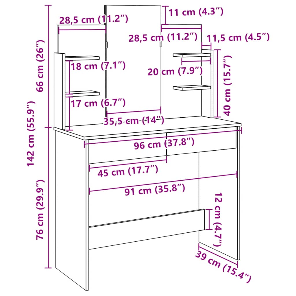 Kaptafel met spiegel 96x39x142 cm artisanaal eikenkleur