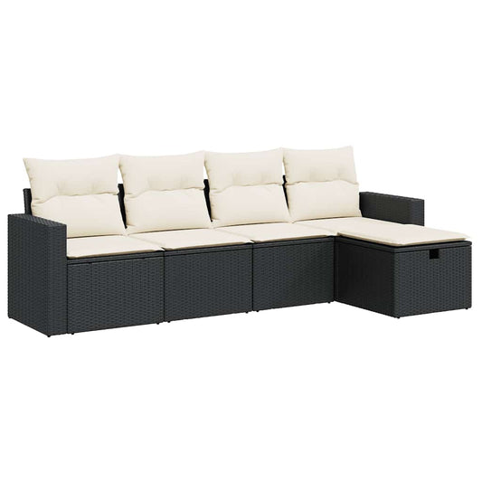 5-delige Loungeset met kussens poly rattan zwart