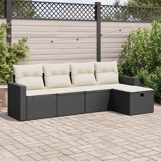 5-delige Loungeset met kussens poly rattan zwart