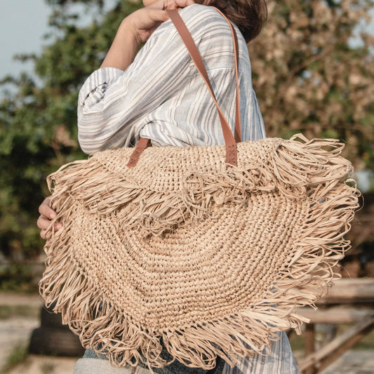 Sac à bandoulière beige avec franges Sac de plage Sac fourre-tout SUMBAWA