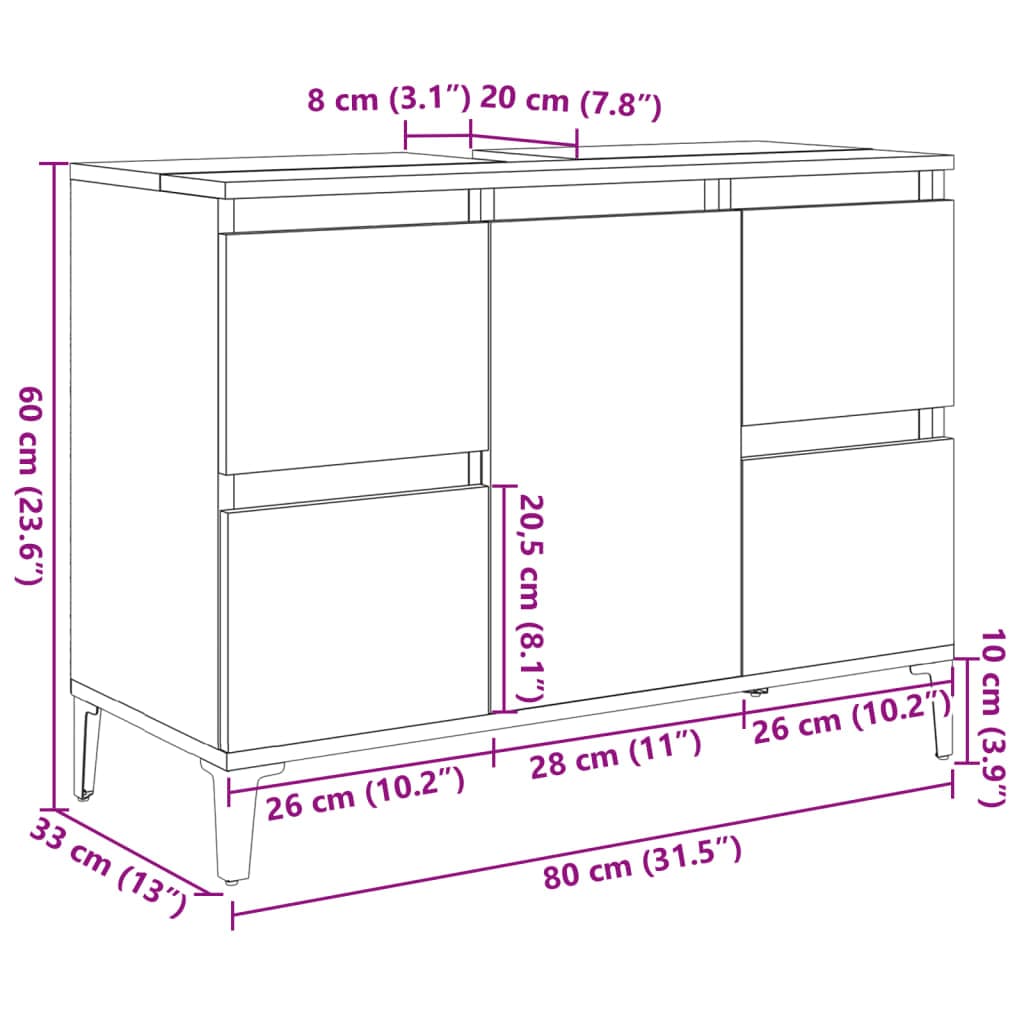 vidaXL Badkamerkaptafels Wastafelkast 80x33x60 cm bewerkt hout artisanaal eikenkleur