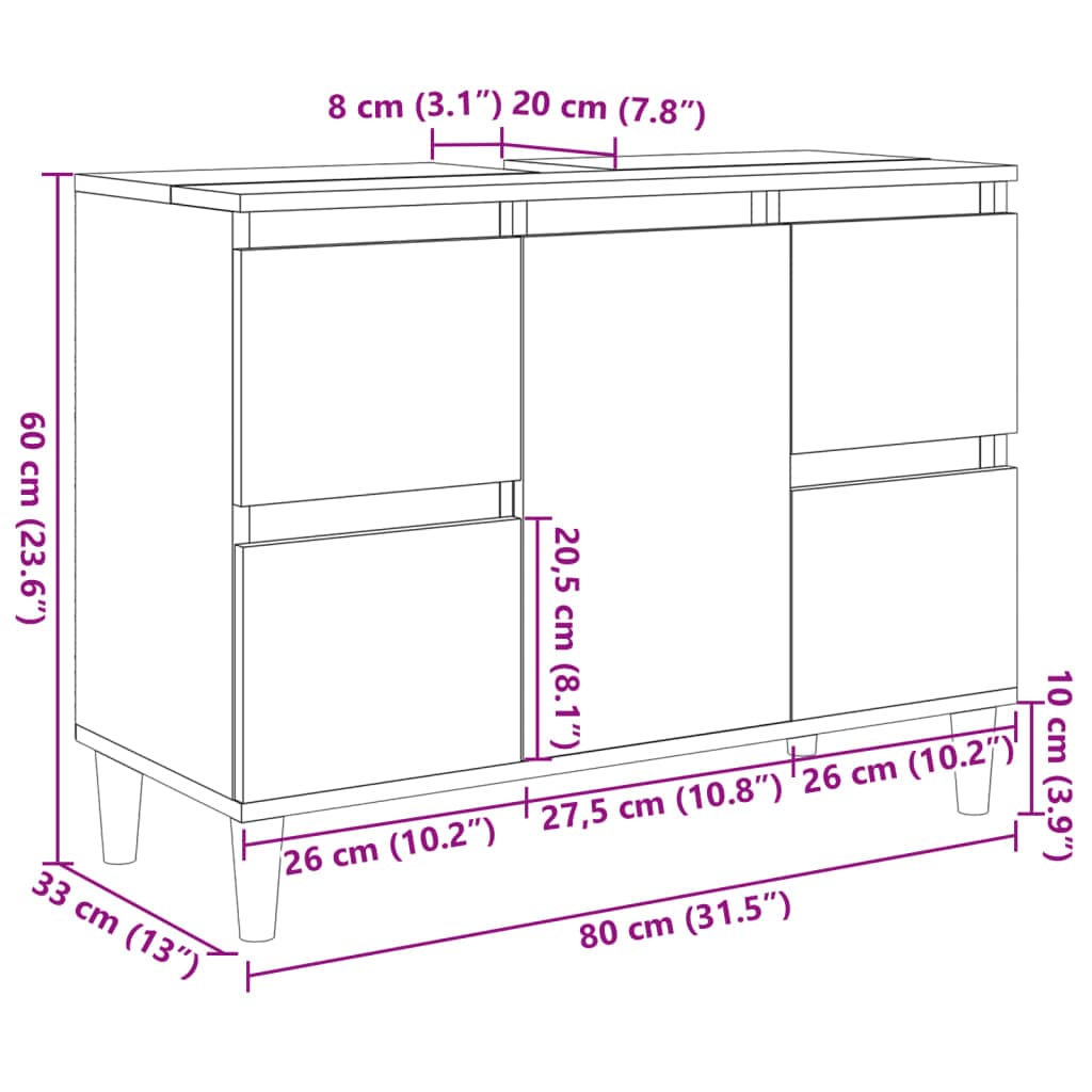 vidaXL Badkamerkaptafels Wastafelkast 80x33x60 cm bewerkt hout sonoma eikenkleurig