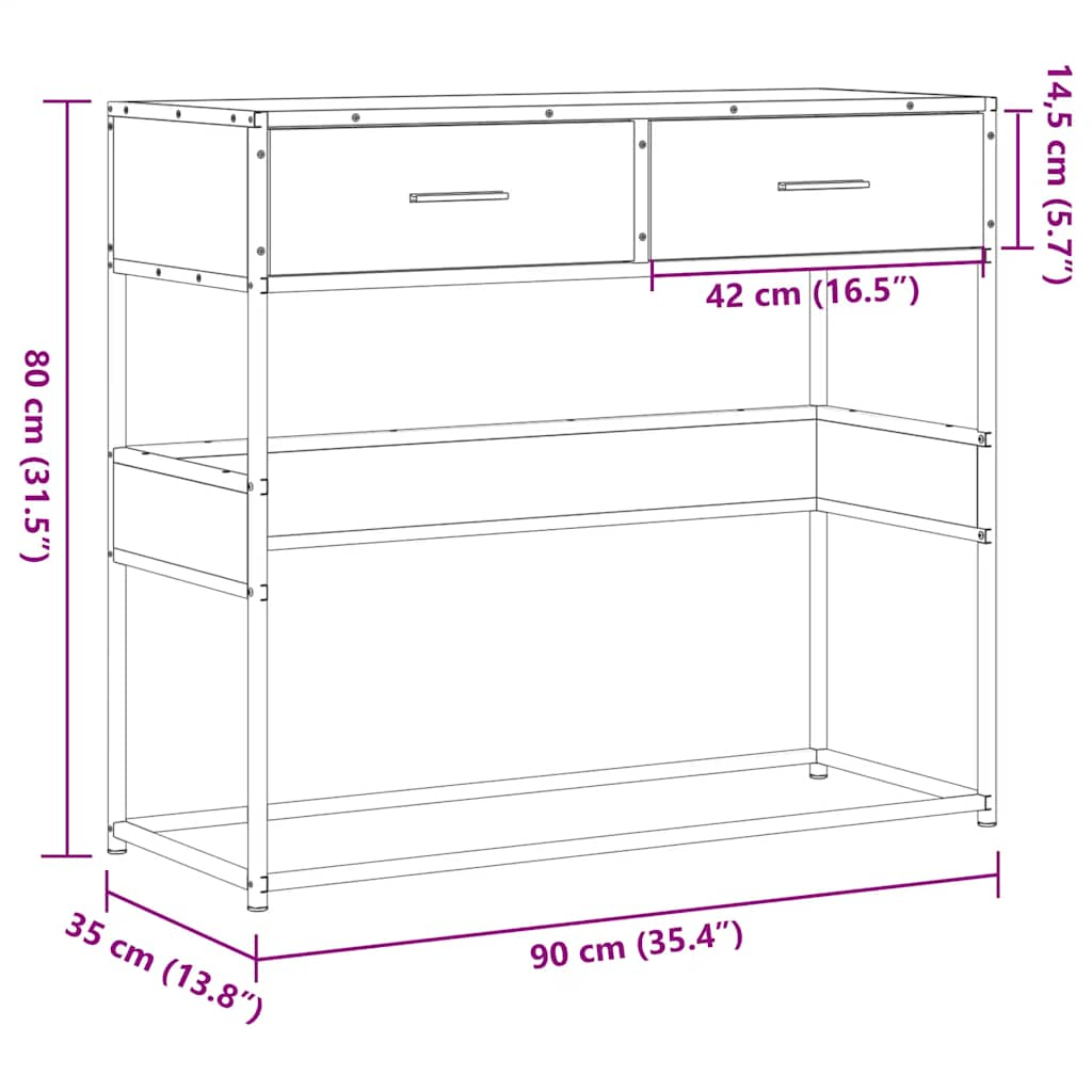 vidaXL Bijzettafels Wandtafel 90x35x80 cm bewerkt hout gerookt eikenkleurig