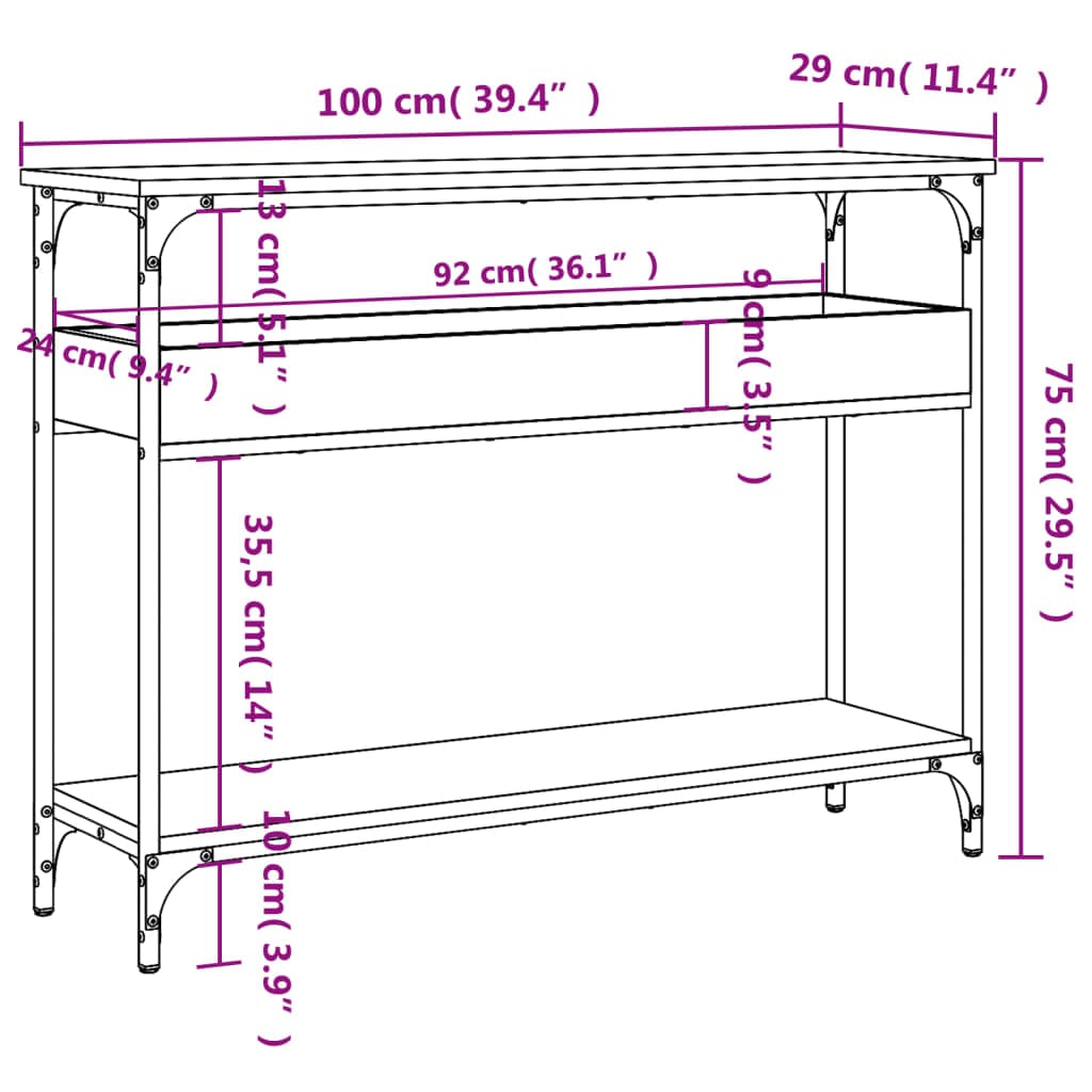 vidaXL Bijzettafels Wandtafel met schap 100x29x75 cm bewerkt hout grijs sonoma