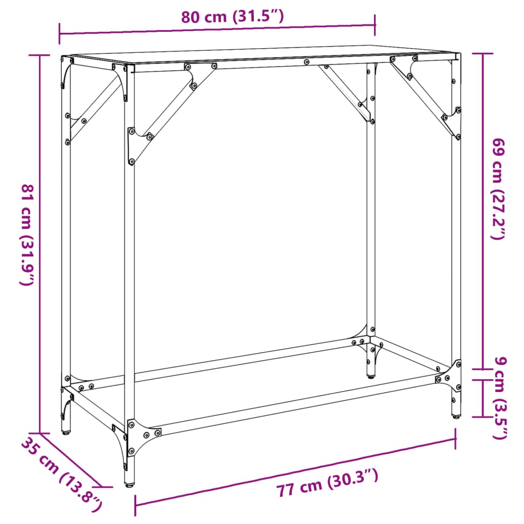 vidaXL Consoletafels Wandtafel met transparant glazen blad 80x35x81 cm staal