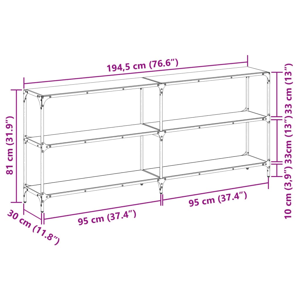 vidaXL Consoletafels Wandtafel met zwart glazen blad 194,5x30x81 cm staal