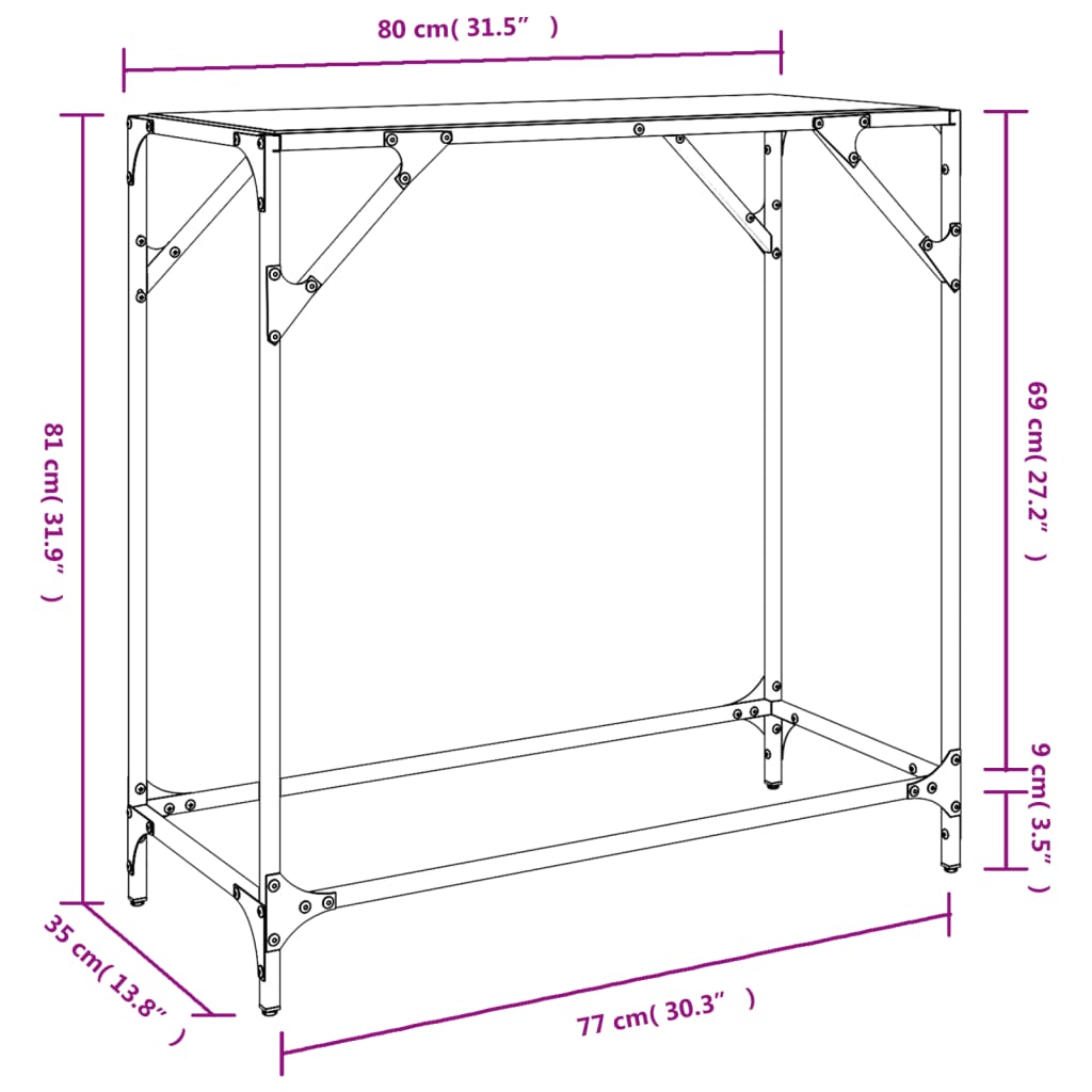 vidaXL Consoletafels Wandtafel met zwart glazen blad 60x35x81 cm staal