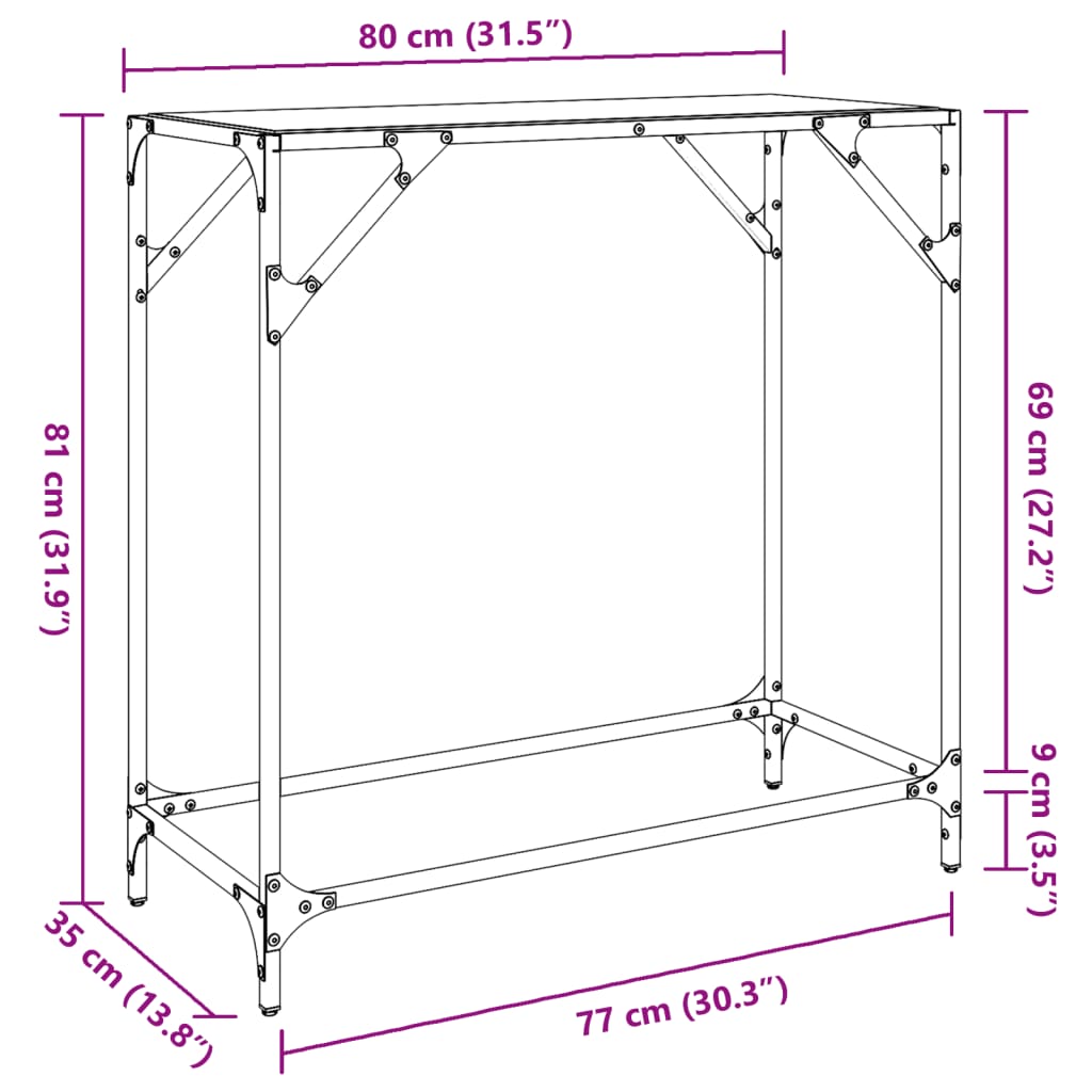 vidaXL Consoletafels Wandtafel met zwart glazen blad 80x35x81 cm staal