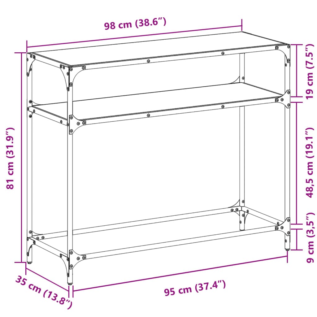 vidaXL Consoletafels Wandtafel met zwart glazen blad 98x35x81 cm staal