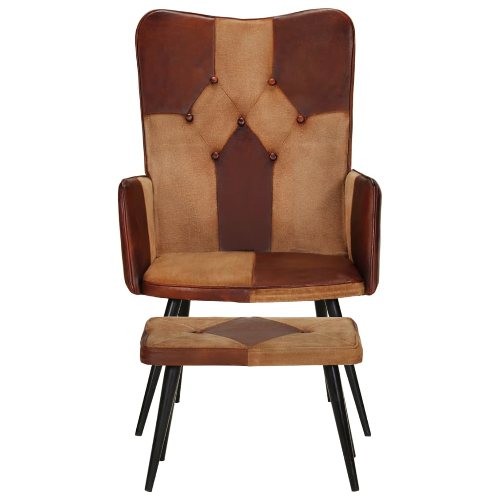 vidaXL Fauteuils & Relaxfauteuils Fauteuil met voetensteun echt leer en canvas bruin