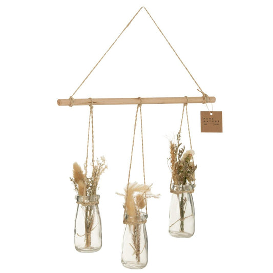 J-Line J-Line Hangende Fles Met Gedroogde Bloemen 3 Stuks Glas Naturel