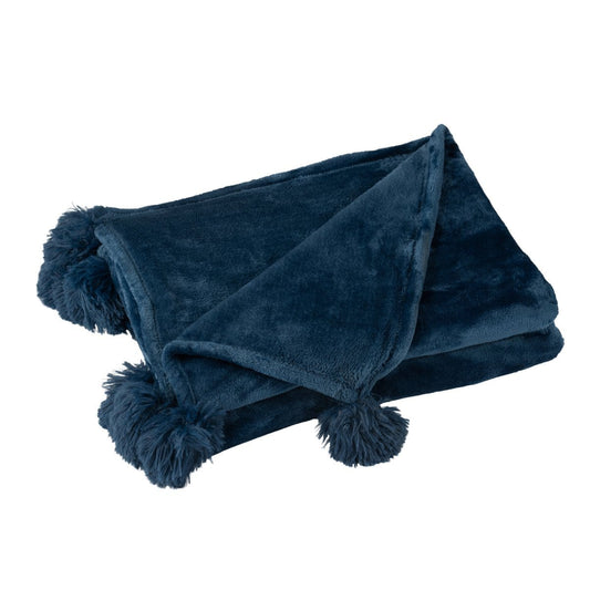 J-Line J-Line Plaid Pompom - polyester - blauw - 170 x 130 cm