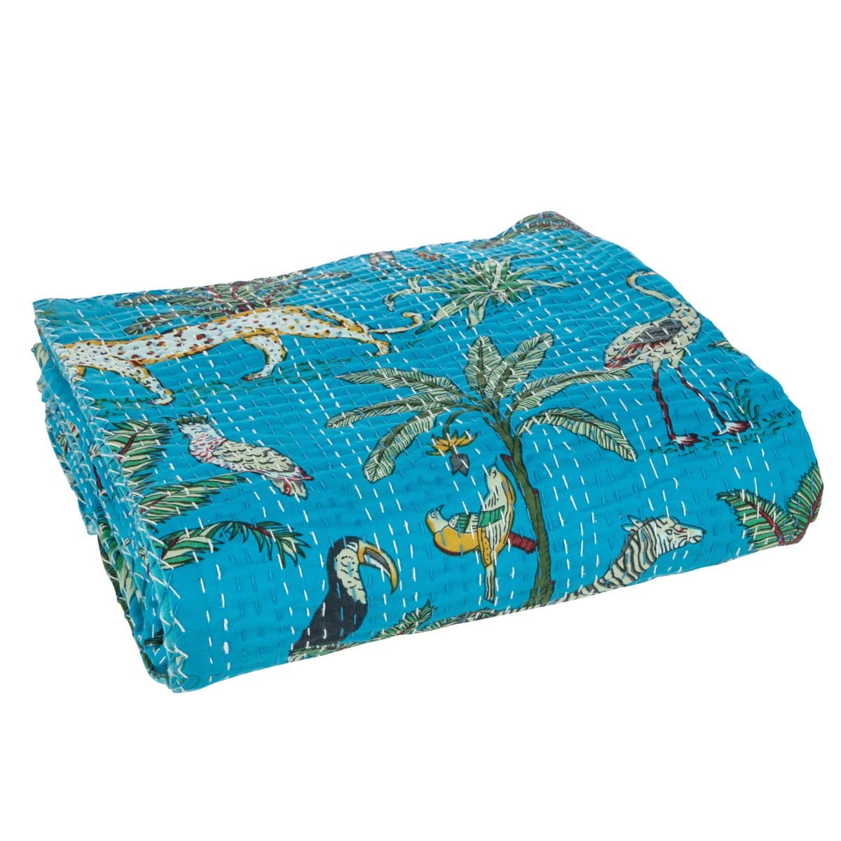 J-Line J-Line Plaid/Strand Mat Exotisch Dieren/Planten Hechtingen Katoen Blauw Large