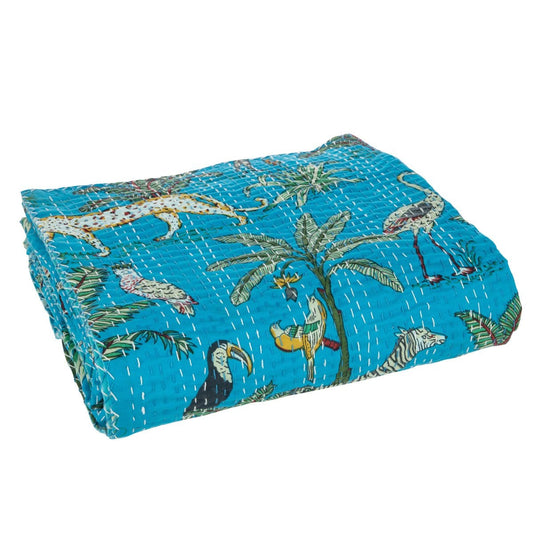 J-Line J-Line Plaid/Strand Mat Exotisch Dieren/Planten Hechtingen Katoen Blauw Large