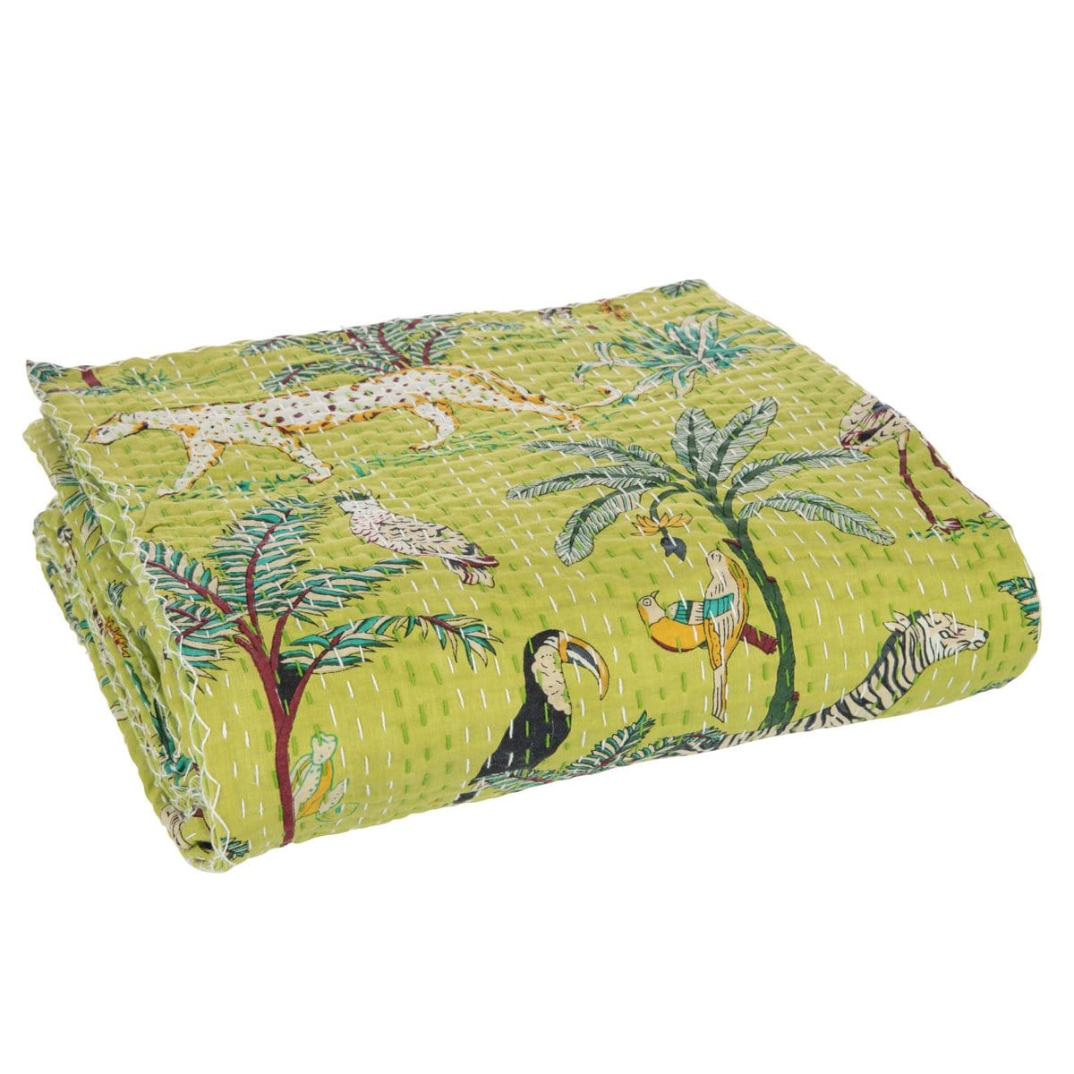 J-Line J-Line Plaid/Strand Mat Exotisch Dieren/Planten Hechtingen Katoen Groen Large