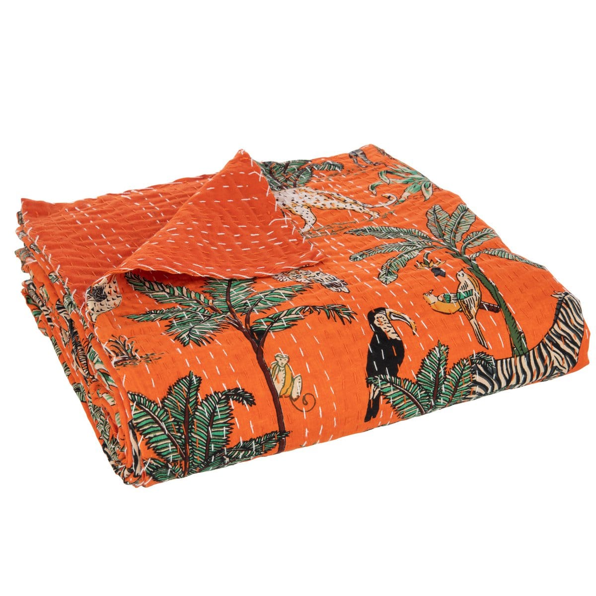 J-Line J-Line Plaid/Strand Mat Exotisch Dieren/Planten Hechtingen Katoen Oranje Large