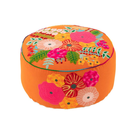 J-Line J-Line Poef Rond Bloemen Geborduurd Katoen/Polyester Oranje