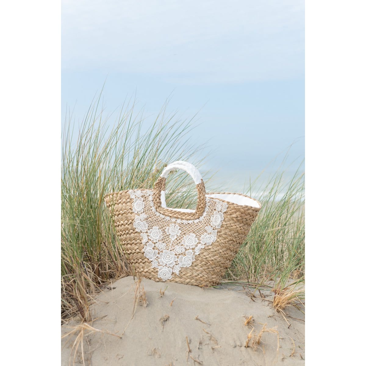 J-Line J-Line Strandtas Bloemen Gevlochten Zeegras/Kant Nat/Wit