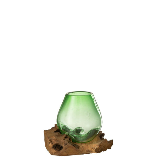 J-Line J-Line vaas Op Voet Gamal - hout/gerecycleerd glas - naturel/groen - M