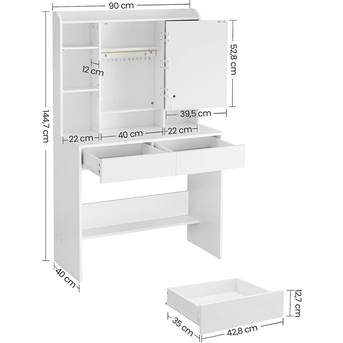 Criks Design Kaptafel met LED 3 kleuren met instelbare lichtsterkte met spiegel voor make-up wit