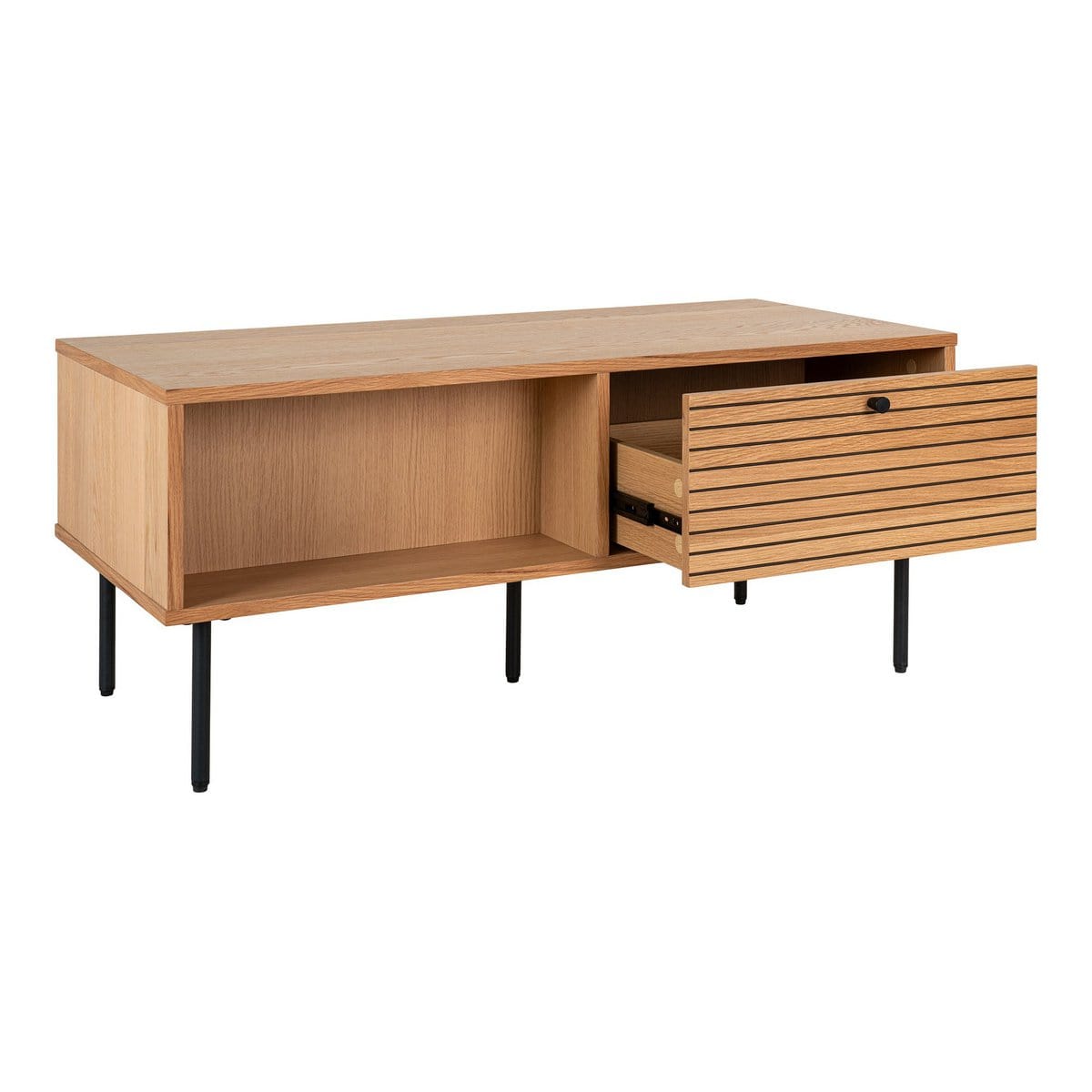 House Nordic ApS Kyoto Coffee Table - Salontafel, eikenfineer, zwart metalen poten, 2 laden, 50x100x45 cm